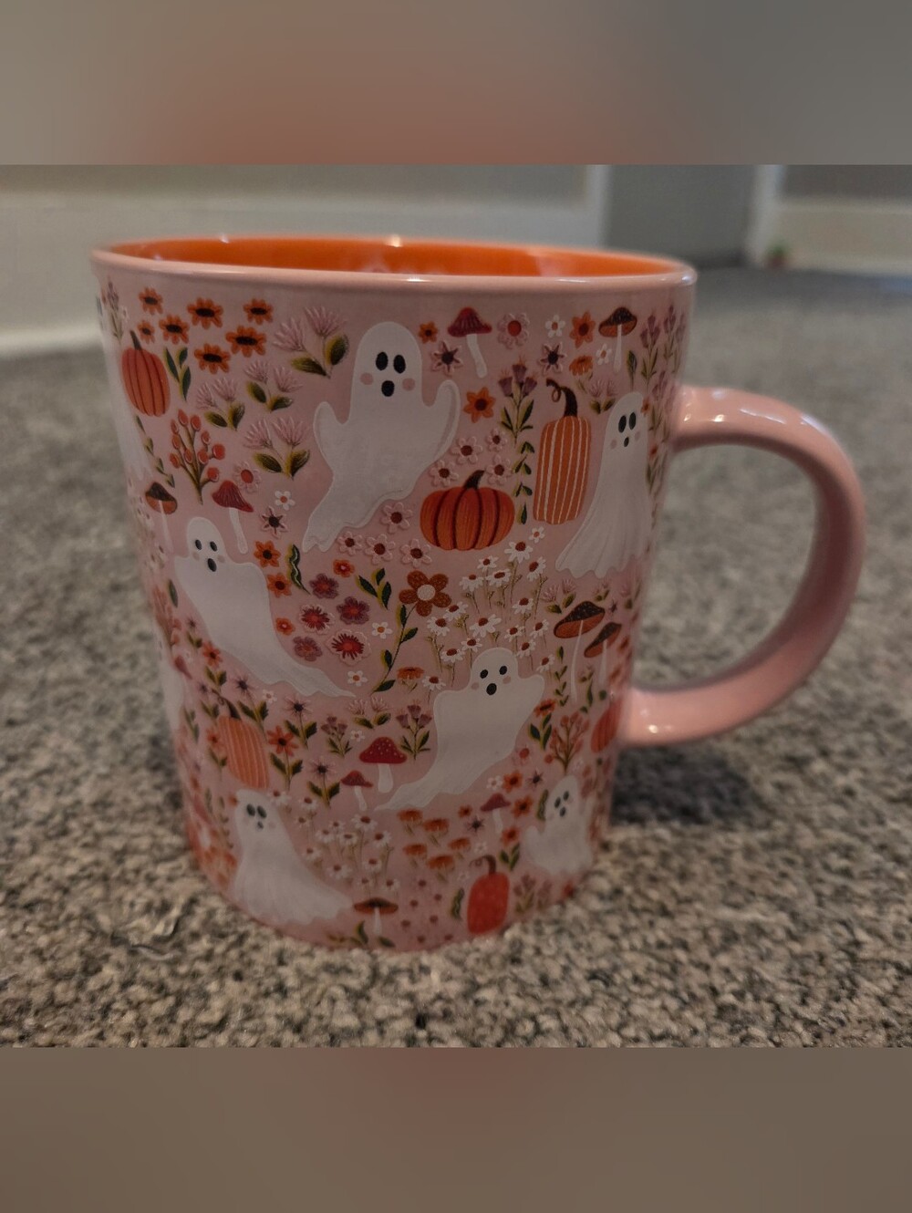 Pink And Orange Ghost & Pumpkin Ceramic Mug Halloween Cute Adorable